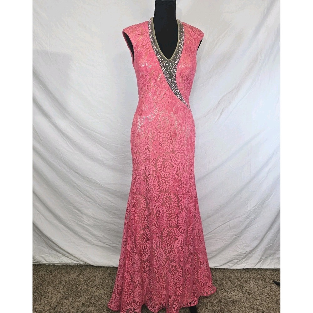 Tony Bowls Paris Lace Evening Gown Deep Coral Pink Mermaid Dress Size 8 Beaded